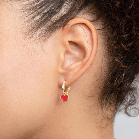 Close detail of the Heart Dangle Earring in 18K Gold Vermeil. Tarnish-resistant, premium handmade jewelry.