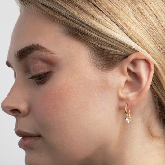 Close detail of the Heart Diamond Earring in 18K Gold Vermeil with CZ Diamond. Tarnish-resistant, premium handmade jewelry.