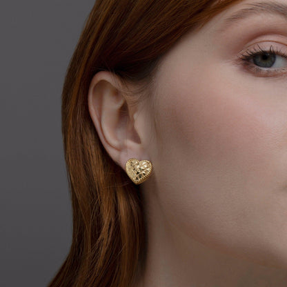Close detail of the Heart Earring in 18K Gold Vermeil. Tarnish-resistant, premium handmade jewelry.