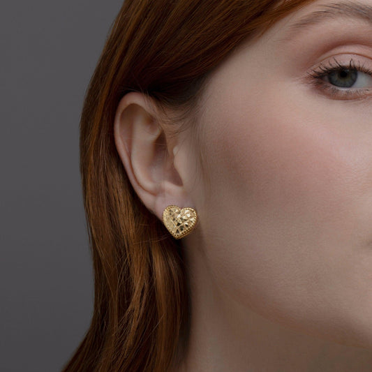 Close detail of the Heart Earring in 18K Gold Vermeil. Tarnish-resistant, premium handmade jewelry.