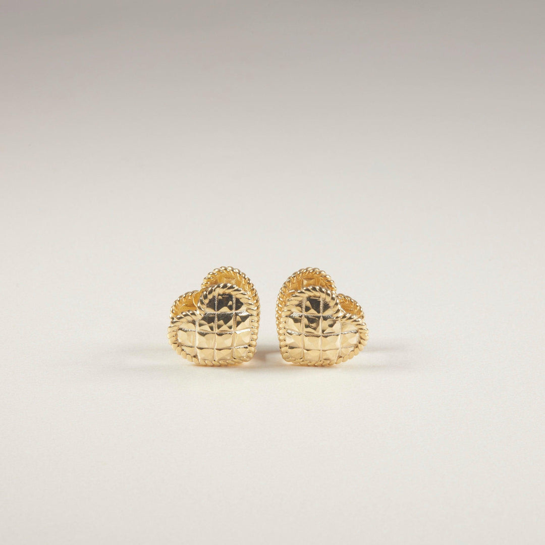 Macro detail of the Heart Earring showcasing craftsmanship in 18K Gold Vermeil. No green marks, handmade.