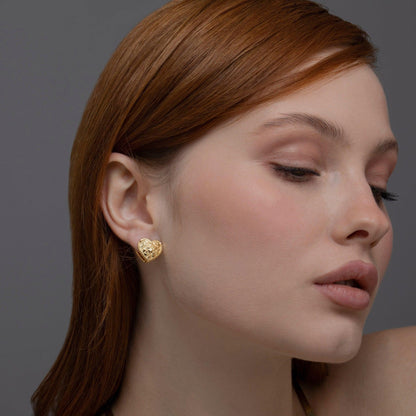 Heart Earring styled with complementary pieces in 18K Gold Vermeil. Hypoallergenic for sensitive ears, layered looks.