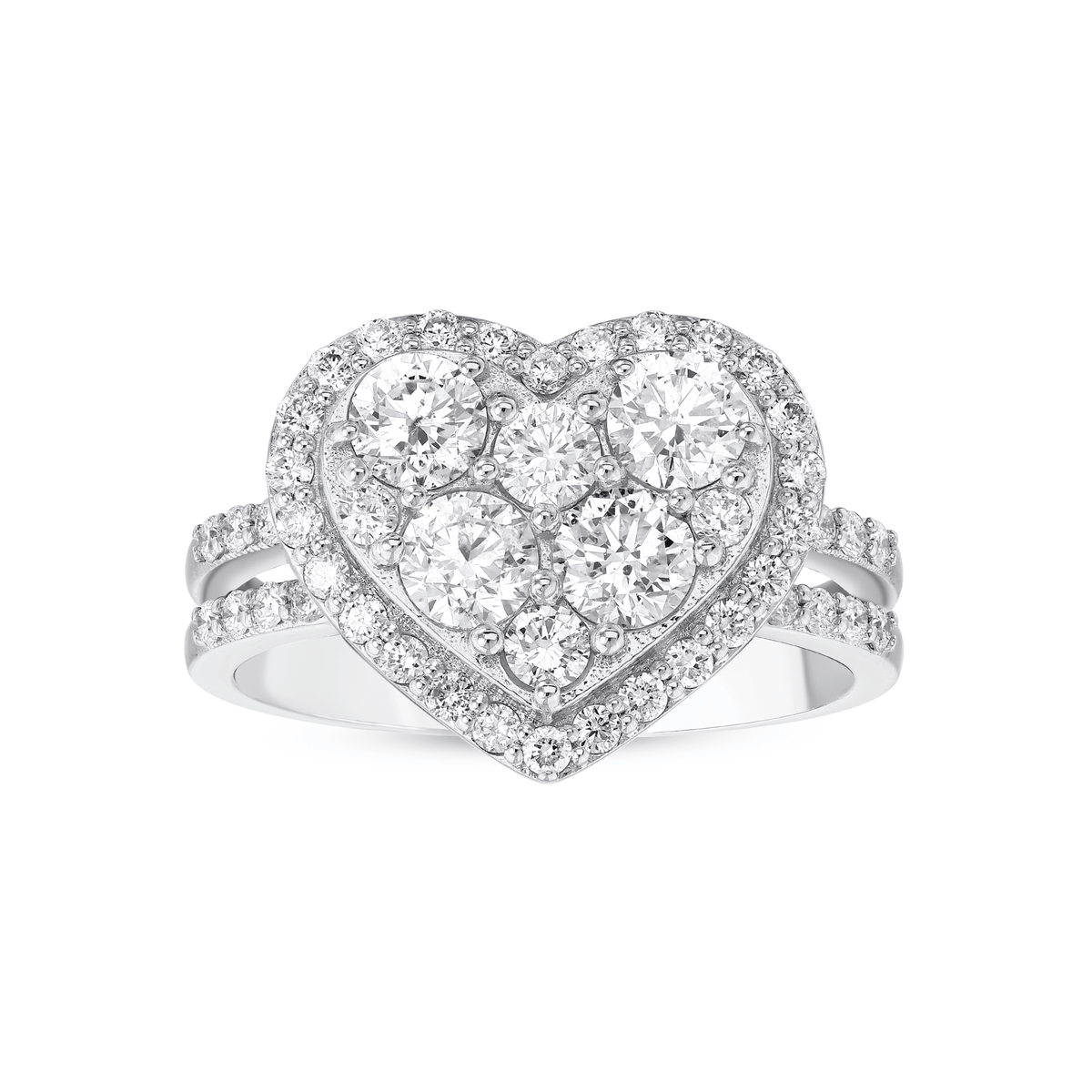 Heart natural diamond cluster halo ring in 14K white gold with a split pavé band, front view