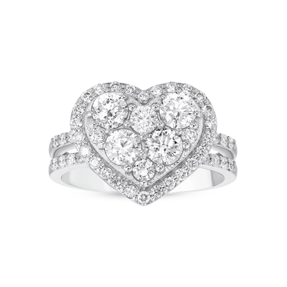 Heart natural diamond cluster halo ring in 14K white gold with a split pavé band, front view