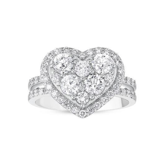 Heart natural diamond cluster halo ring in 14K white gold with a split pavé band, front view