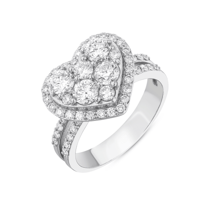 Natural diamond heart cluster ring in 14K white gold, angled view of the pavé halo and split pavé shank