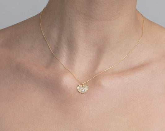 Close detail of the Heart Necklace in 18K Gold Vermeil. Safe for sensitive skin, premium handmade jewelry.