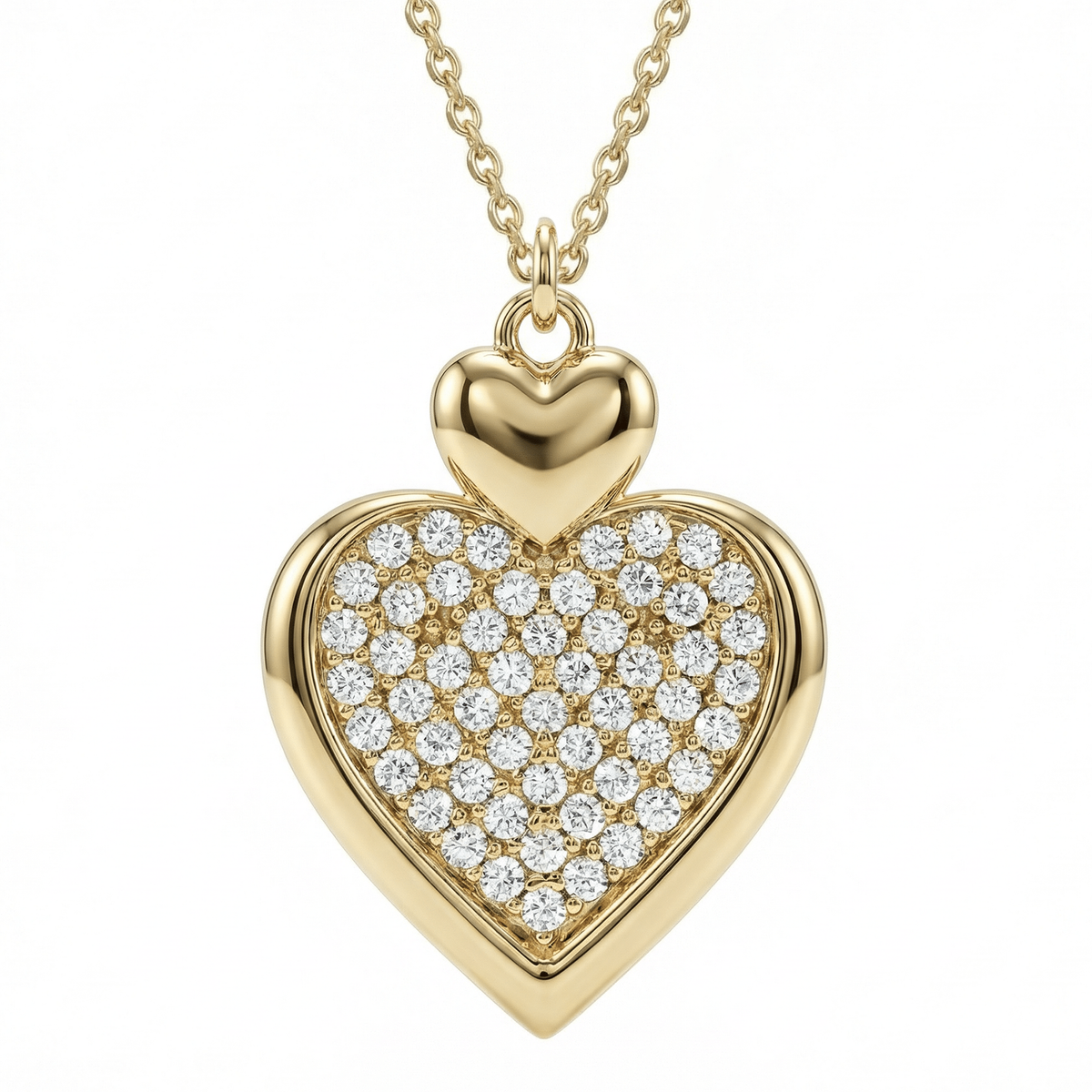 Heart necklace in 14K solid gold, the heart's face paved in clear CZ stones inside a plain polished rim, hung from a smaller polished heart.