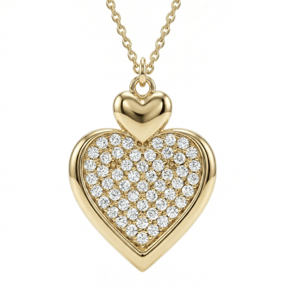 Heart necklace in 14K solid gold, the heart's face paved in clear CZ stones inside a plain polished rim, hung from a smaller polished heart.