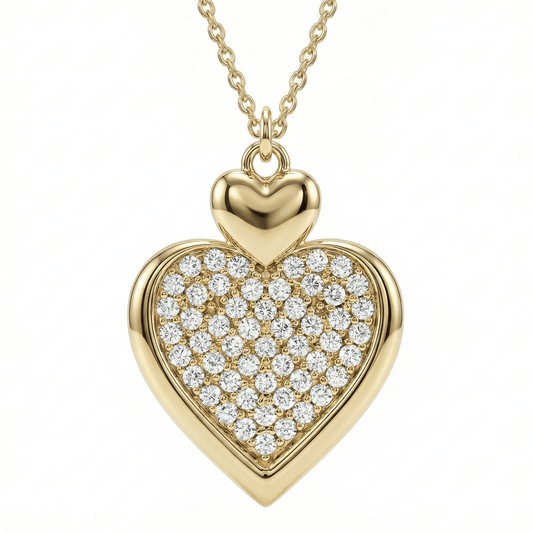 Heart necklace in 14K solid gold, the heart's face paved in clear CZ stones inside a plain polished rim, hung from a smaller polished heart.