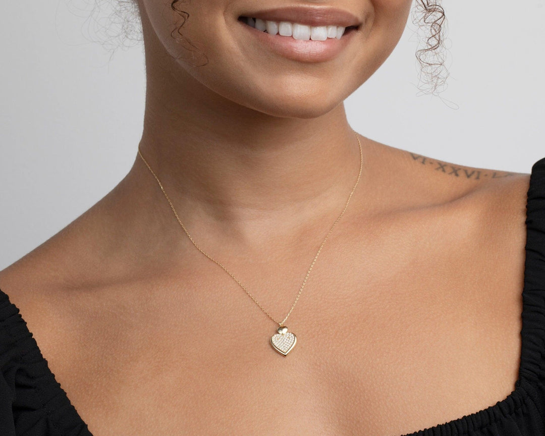 Close detail of the Heart Necklace with CZ Diamond in 18K Gold Vermeil with CZ Diamond. Safe for sensitive skin, premium.
