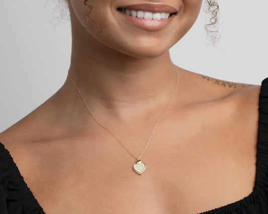 Close detail of the Heart Necklace with CZ Diamond in 18K Gold Vermeil with CZ Diamond. Safe for sensitive skin, premium.