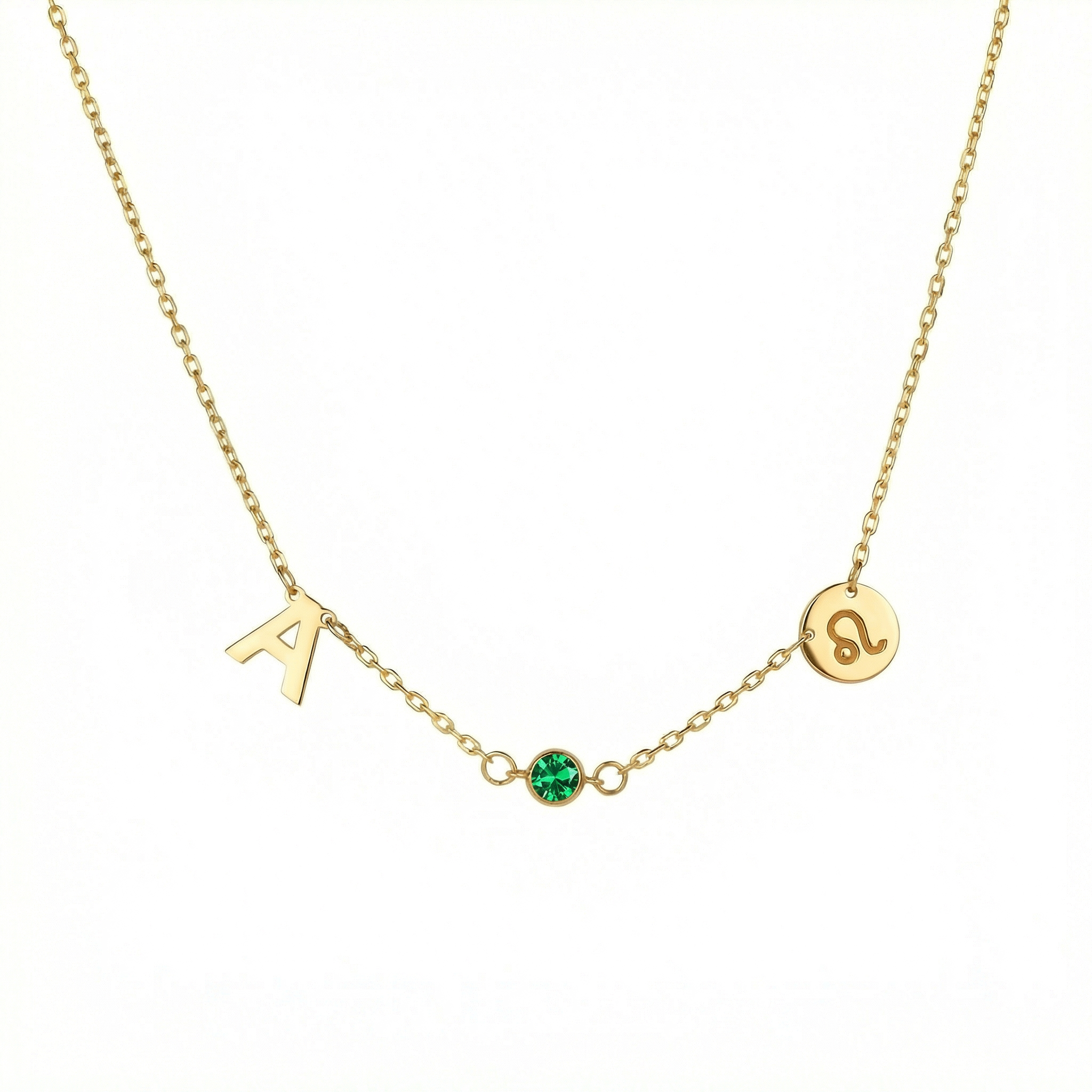 Initial Necklace with Heart Charm and Birthstone
