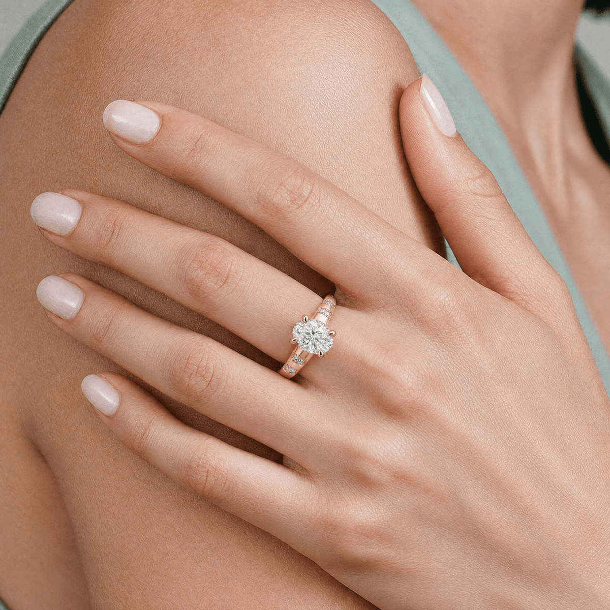 Oval Solitaire Pavé Ring in 14K Solid Gold