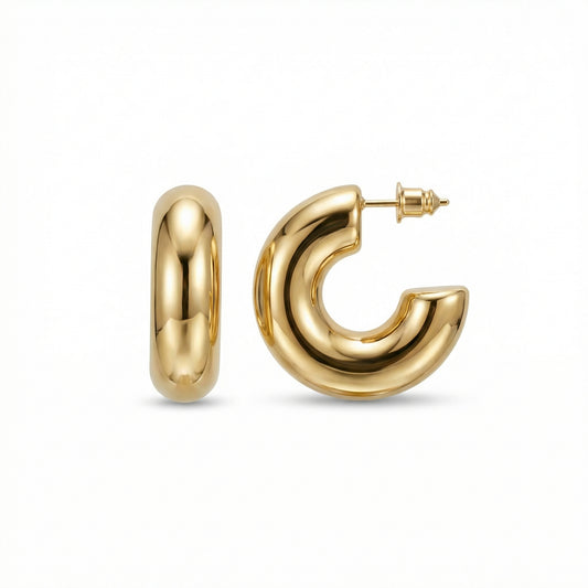 Hollow Chunky Hoop Earrings in Gold-Plated Steel. No green marks, perfect for daily wear.