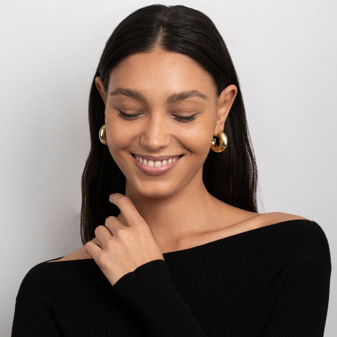 Hollow Chunky Hoop Earrings in Glamour Jewelry House gift box — Gold-Plated Steel anniversary gift. No green marks.