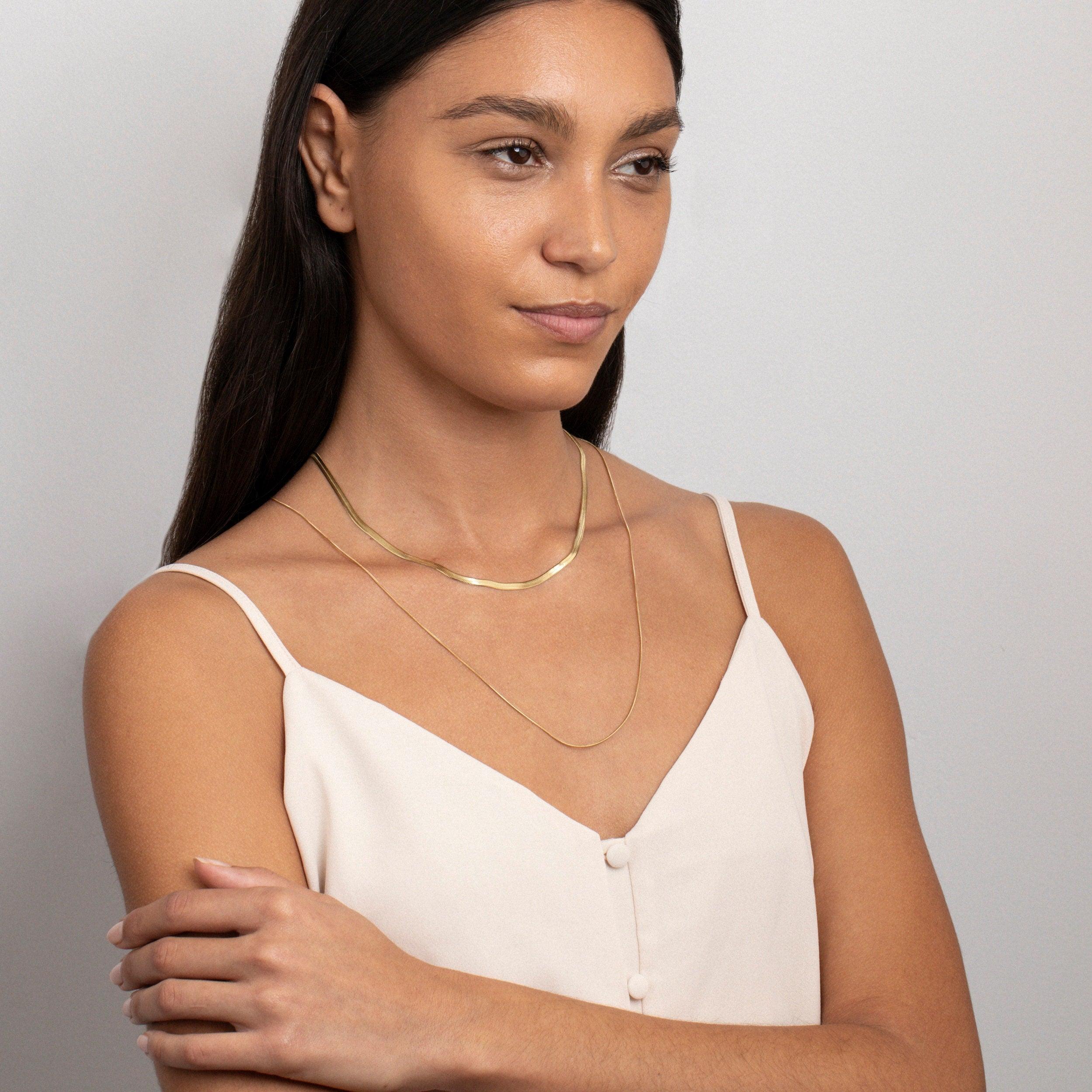 Herringbone Necklace with Slim Layered Chain - Dual Chain - Glamour Jewelry House