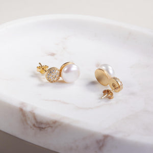 Freshwater Pearl Pave Round Stud Earrings - 18K Gold Vermeil - Glamour Jewelry House