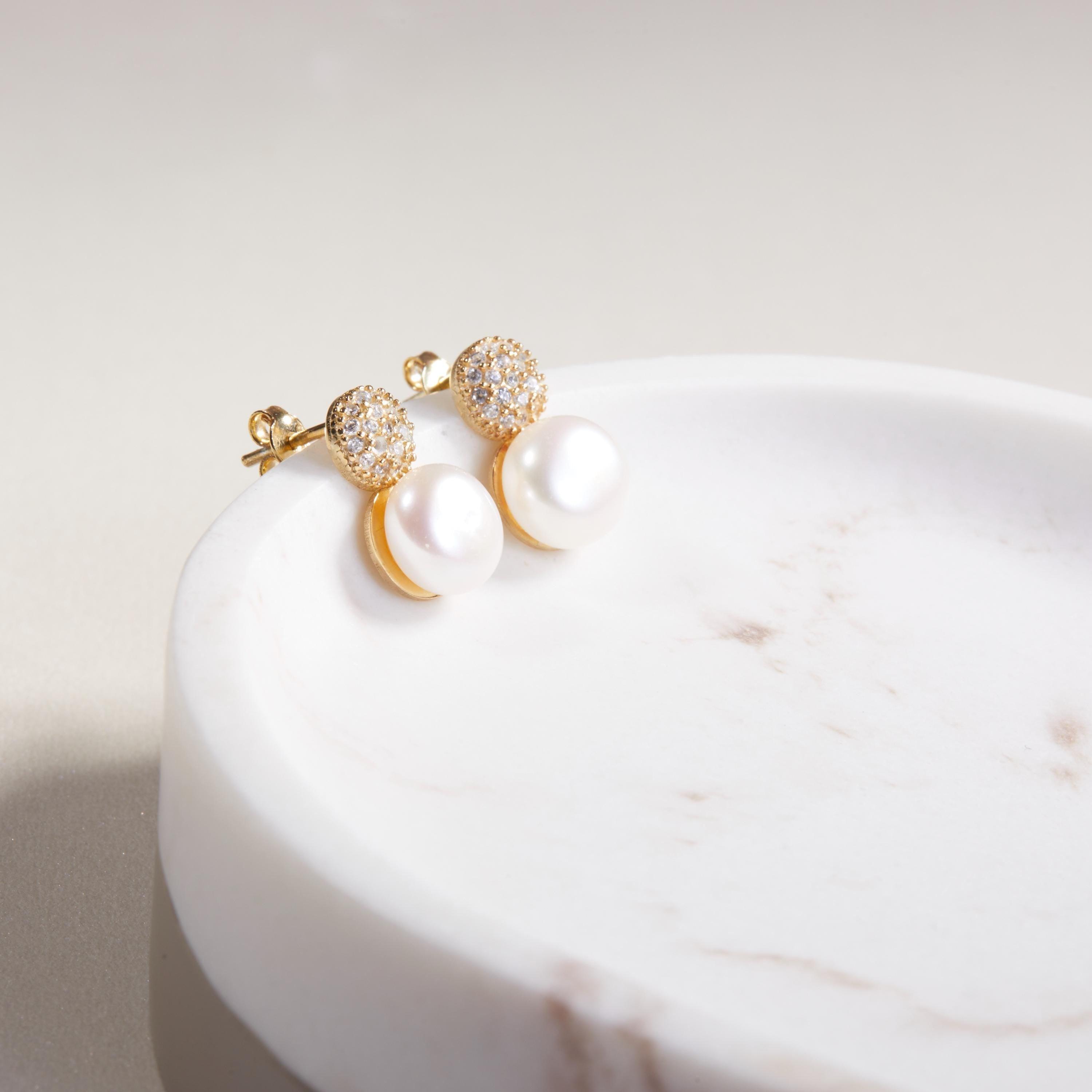Freshwater Pearl Pave Round Stud Earrings - 18K Gold Vermeil - Glamour Jewelry House