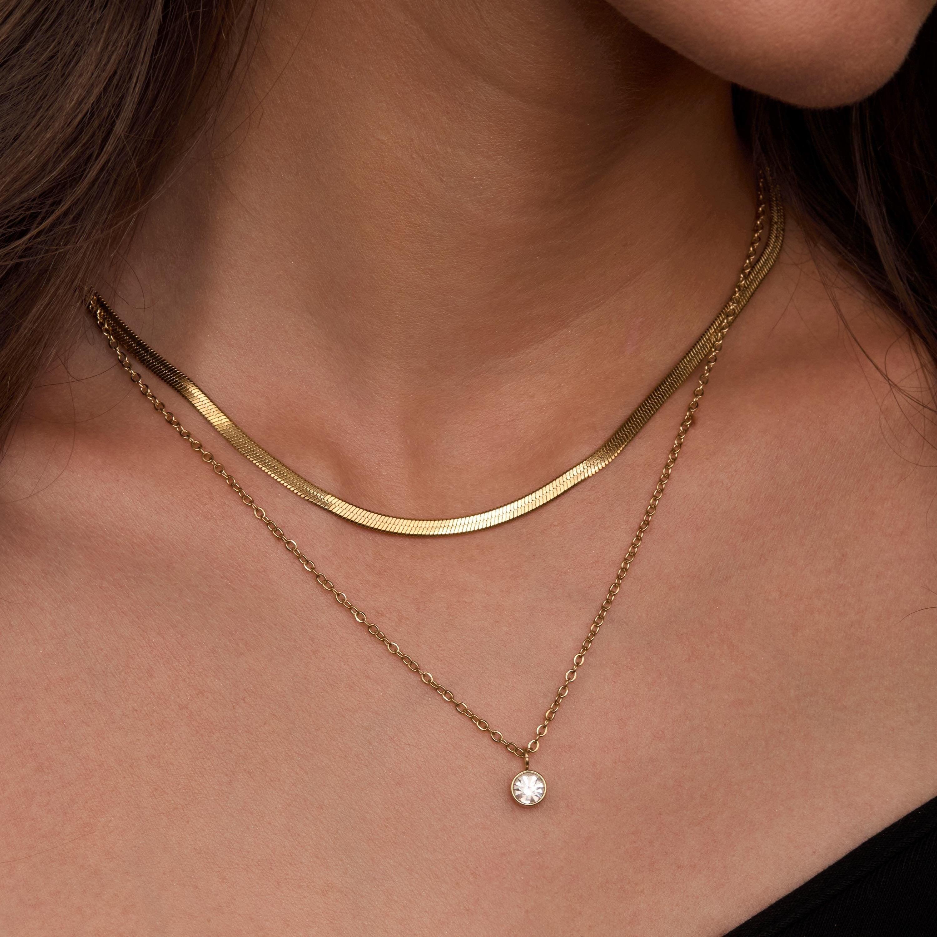 Herringbone Solitaire CZ Diamond Double Necklace - Glamour Jewelry House