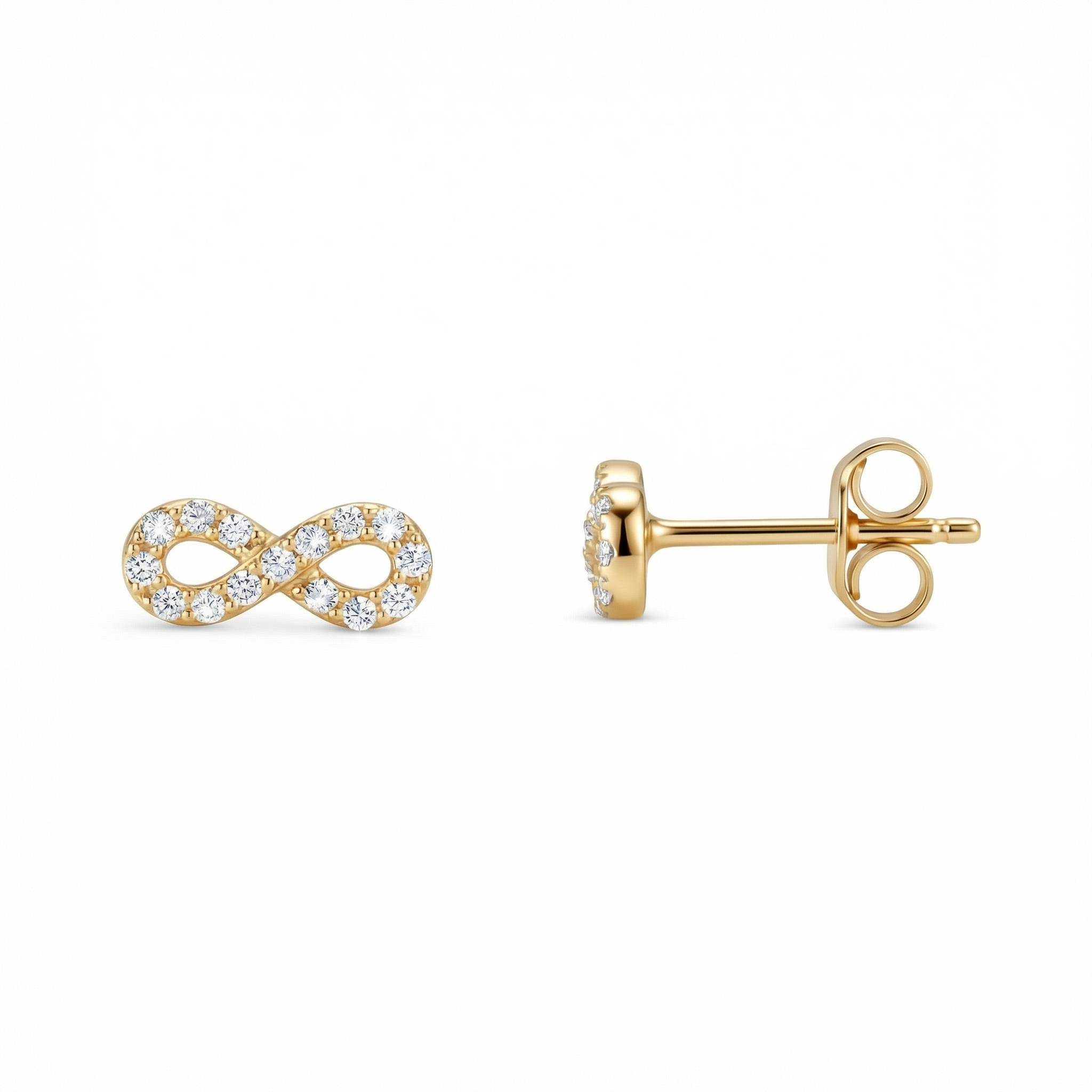 Infinity Earrings with CZ Diamonds in 18K Gold Vermeil with CZ Diamond. No green marks, perfect for daily wear.