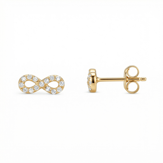 Infinity Earrings with CZ Diamonds in 18K Gold Vermeil with CZ Diamond. No green marks, perfect for daily wear.