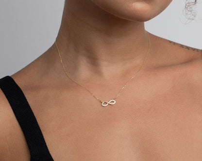 The Infinity Necklace styled in 18K Gold Vermeil — elegant everyday jewelry. Hypoallergenic, no green marks.