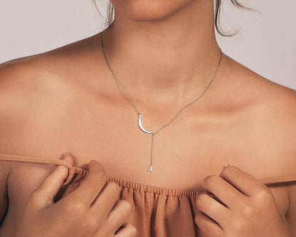 Close detail of the Initial Moon Necklace in 18K Gold Vermeil. Safe for sensitive skin, premium handmade jewelry.