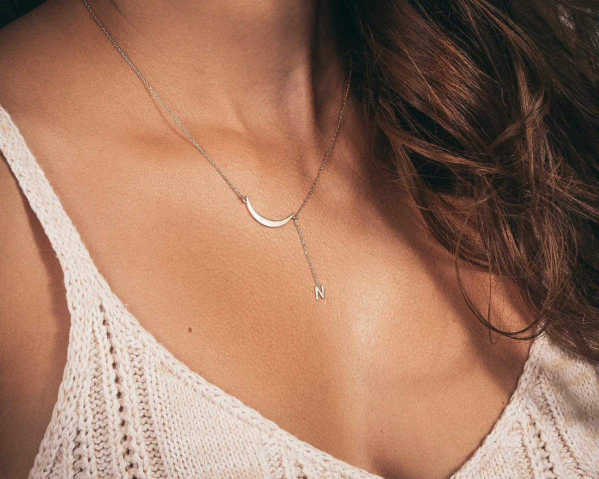 The Initial Moon Necklace styled in 18K Gold Vermeil — elegant everyday jewelry. Hypoallergenic, no green marks.