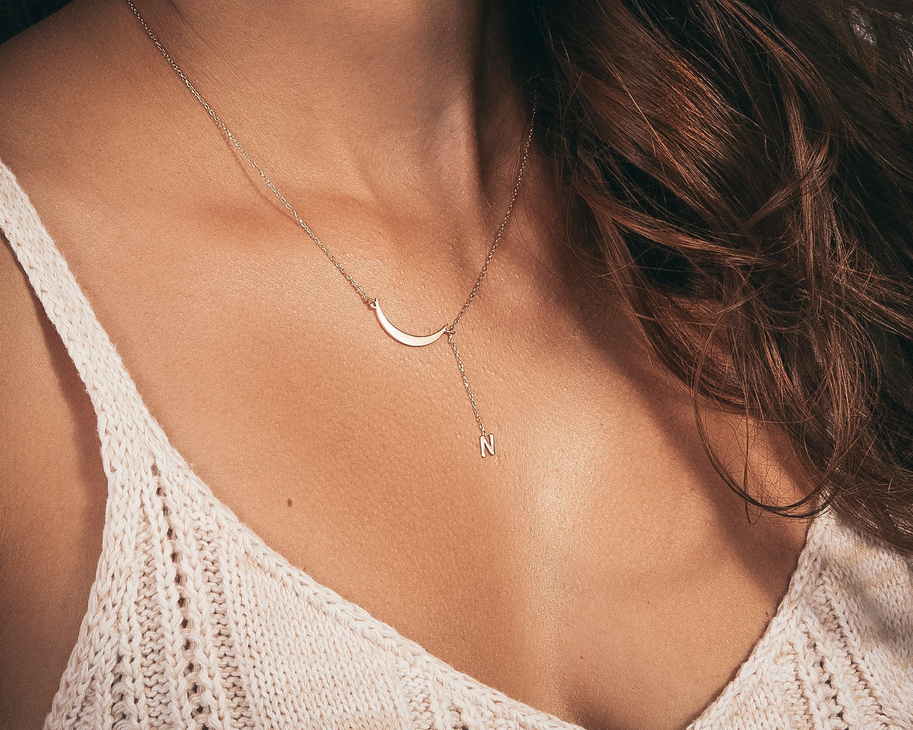 The Initial Moon Necklace styled in 18K Gold Vermeil — elegant everyday jewelry. Hypoallergenic, no green marks.