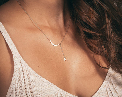 The Initial Moon Necklace styled in 18K Gold Vermeil — elegant everyday jewelry. Hypoallergenic, no green marks.