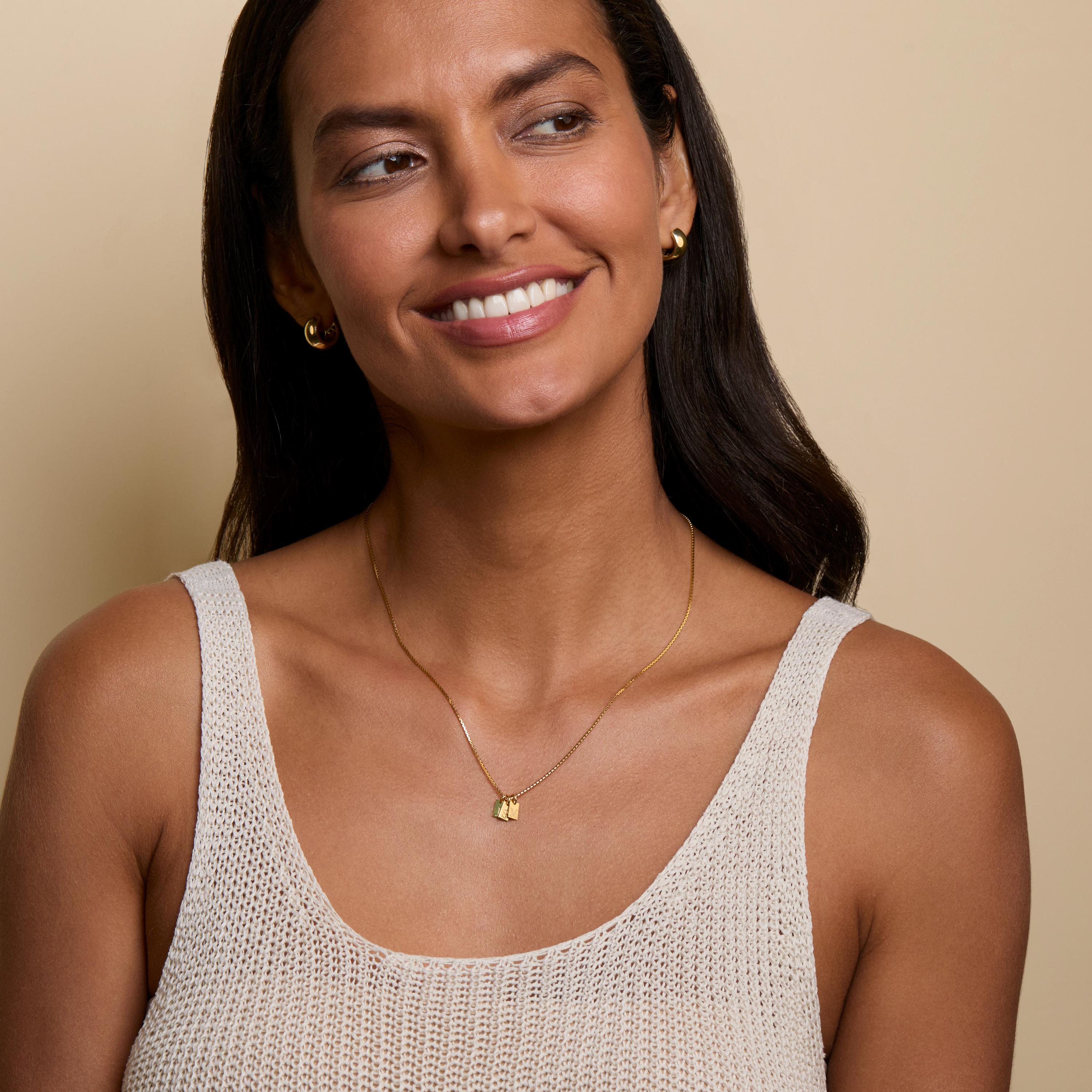 Initial Tag Necklace as a thoughtful birthday gift in 18K Gold Vermeil. Hypoallergenic, no green marks.
