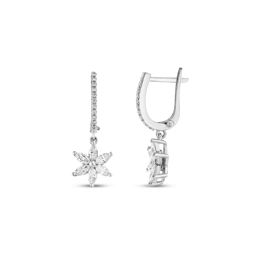 Marquise natural diamond flower drop earrings in 14K solid white gold, the pair, one turned to show the lever back
