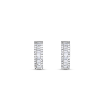 Baguette and pavé natural diamond huggie hoop earrings in 14K solid white gold, the pair face on