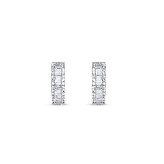 Baguette and pavé natural diamond huggie hoop earrings in 14K solid white gold, the pair face on