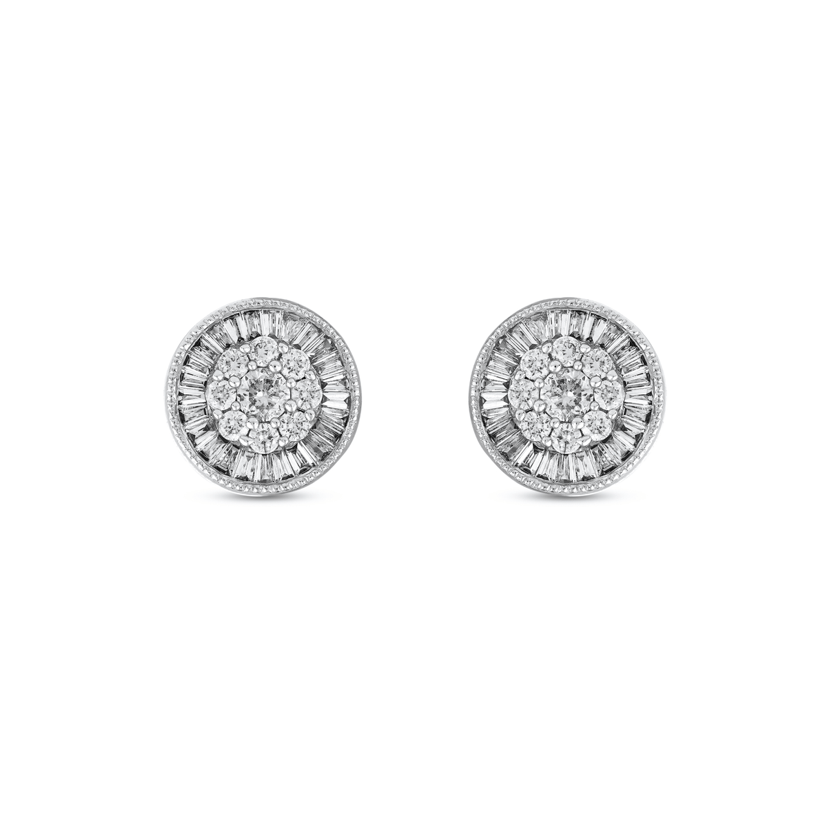 Baguette halo natural diamond cluster stud earrings in 18K solid white gold, the pair face on