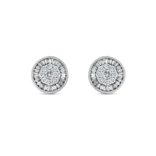 Baguette halo natural diamond cluster stud earrings in 18K solid white gold, the pair face on