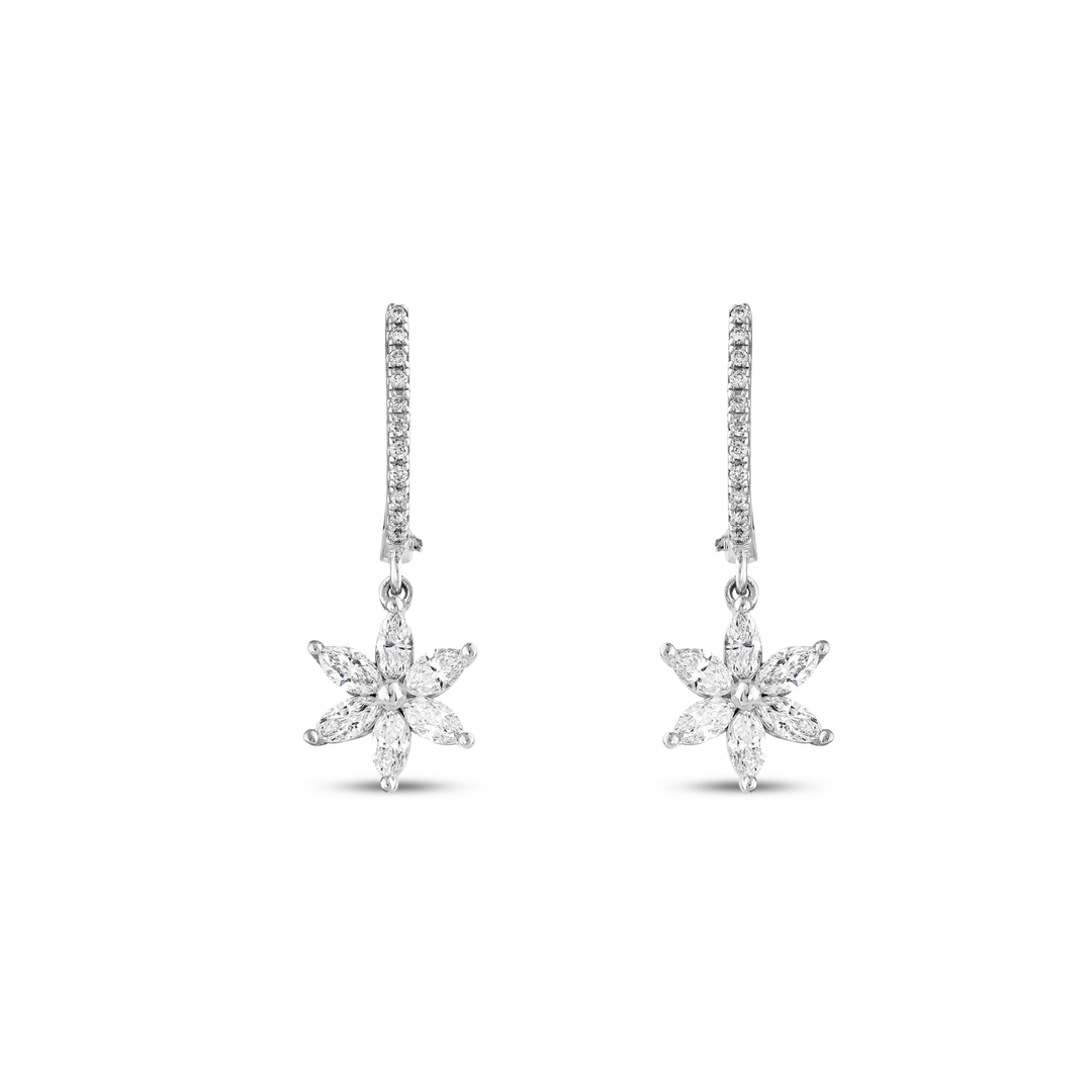 Marquise natural diamond flower drop earrings face on, showing the six marquise petals and the pave hoop