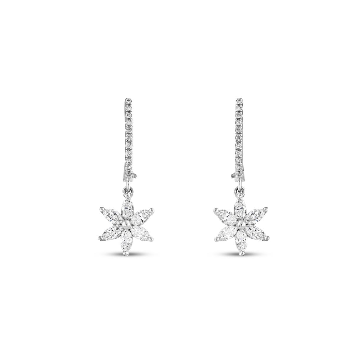 Marquise natural diamond flower drop earrings face on, showing the six marquise petals and the pave hoop