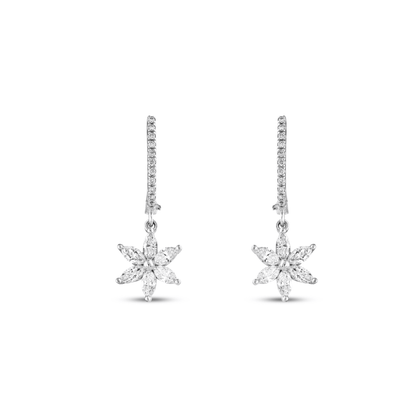 Marquise natural diamond flower drop earrings face on, showing the six marquise petals and the pave hoop