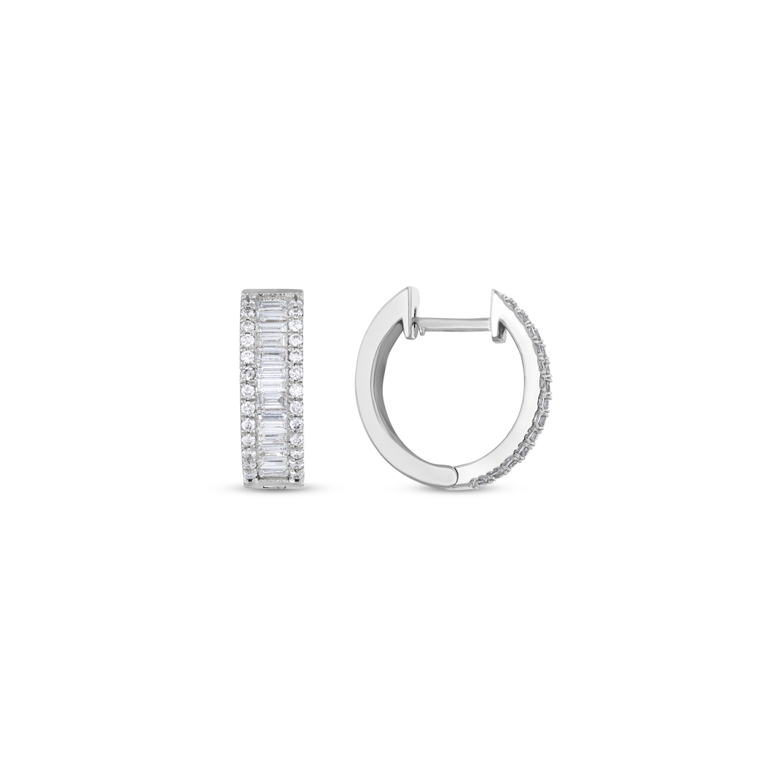 One huggie hoop turned to show the hinge and the snap clasp