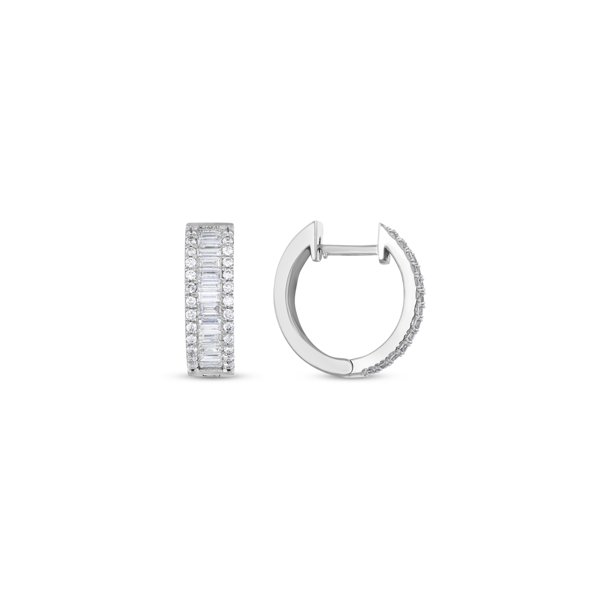One huggie hoop turned to show the hinge and the snap clasp