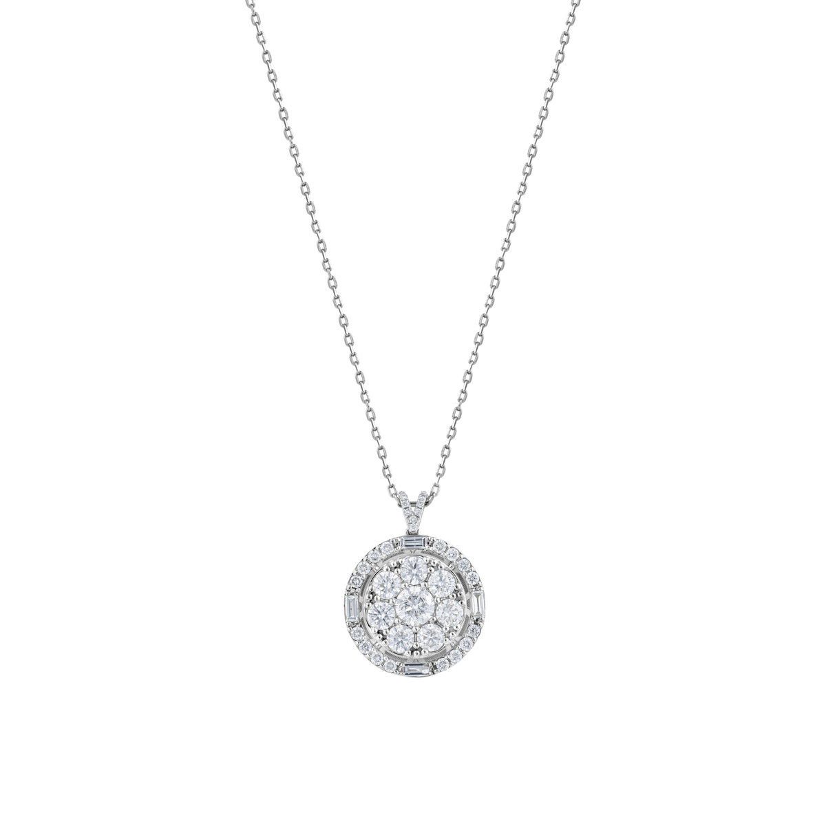 Round diamond cluster halo pendant necklace in 14K solid white gold on a fine cable chain