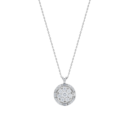 Round diamond cluster halo pendant necklace in 14K solid white gold on a fine cable chain
