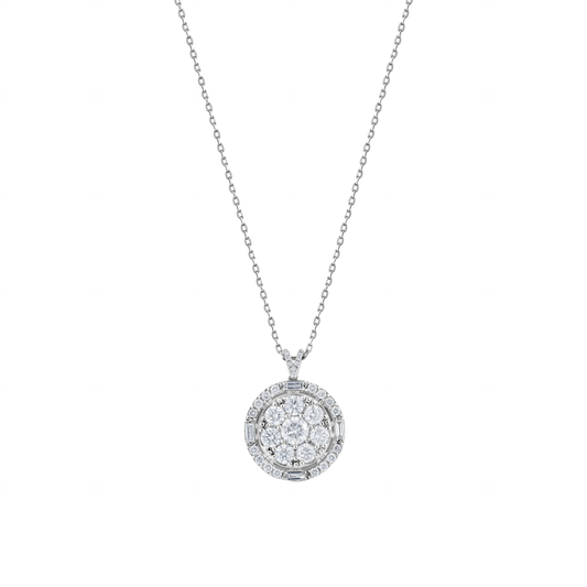 Round diamond cluster halo pendant necklace in 14K solid white gold on a fine cable chain