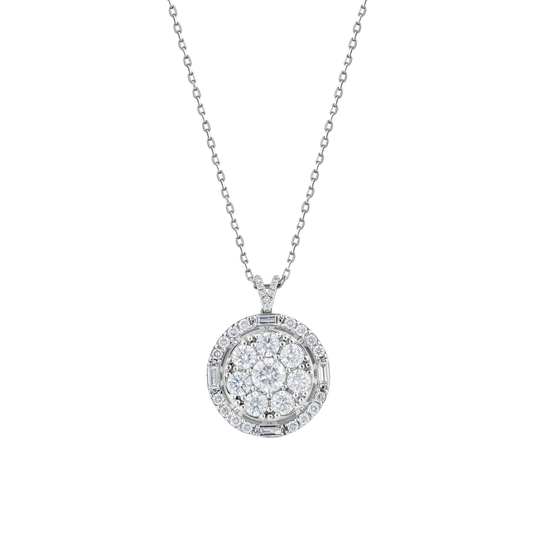 Close-up of the seven-stone diamond cluster, baguette halo and pave bail in 14K white gold
