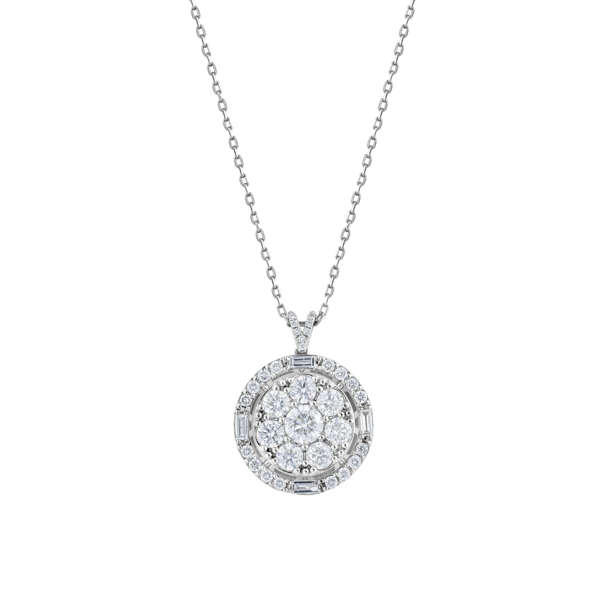 Close-up of the seven-stone diamond cluster, baguette halo and pave bail in 14K white gold