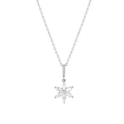Marquise diamond flower pendant necklace in 14K solid white gold on a fine cable chain