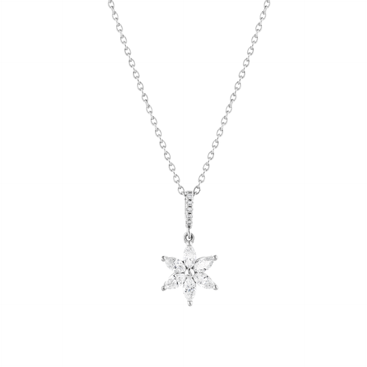Marquise diamond flower pendant necklace in 14K solid white gold on a fine cable chain