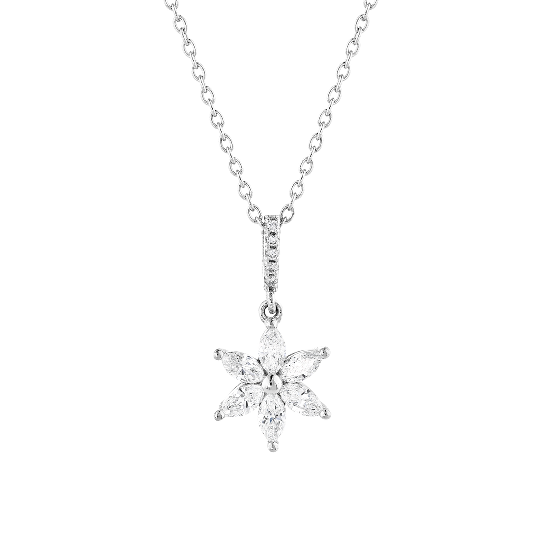 Close-up of the six marquise diamond petals and pave-set bail in 14K white gold
